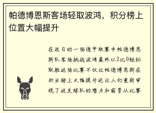 帕德博恩斯客场轻取波鸿，积分榜上位置大幅提升